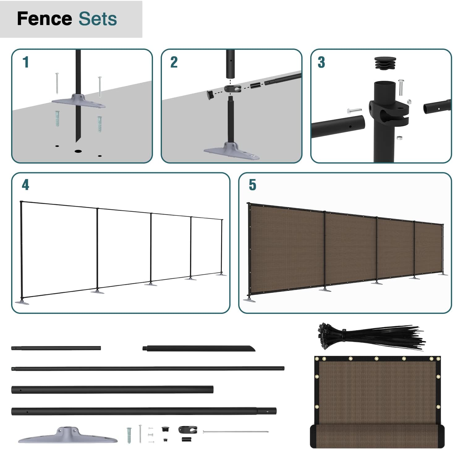 6'Hx24'L Privacy Fence Set with Poles and Rails Ground Spikes Fence Kit for Yard Patio Garden Pool (Brown)
