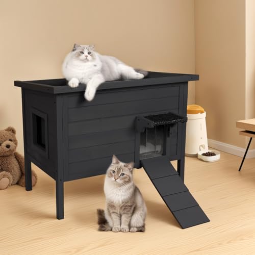 BRIOPAWS Outdoor-Cat-House-Insulated | Feral-Cat-Shelter for Winter | Weatherproof | Large Wooden Pet House for Multiple Cats | Foldable Ladder | Acrylic Side Window | Grey