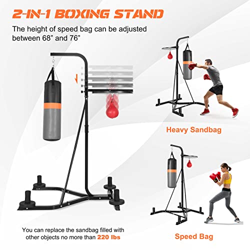 GYMAX Punching Bag with Stand Adult, Freestanding Boxing Machine with Height Adjustable Speed Ball & Sandbag, Pre Filled Heavy Punching Bag for Adults, Kickboxing Bag for Training MMA Muay Thai