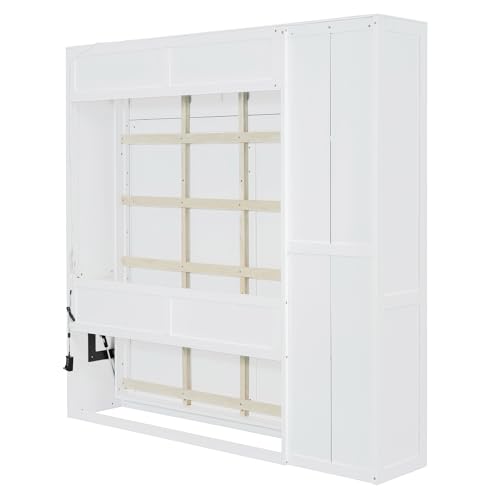 Full Size Murphy Wall Bed With Storage and Bookcase Headboard, Solid Wood Cabinets With Shelves, Drawers and USB Ports, Multi-Function Platform for Home Office, Guest Room - White