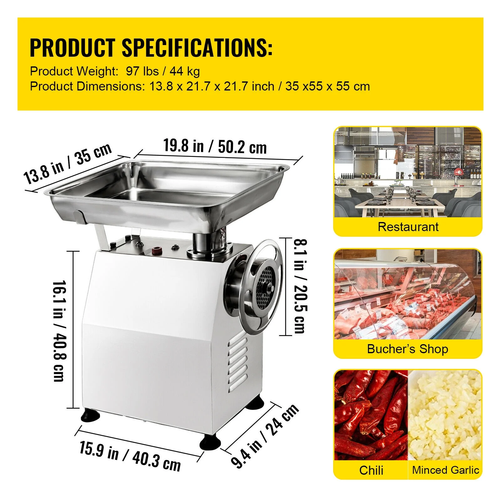 VEVORbrand Commercial Electric Meat Grinder 770lbs/h,Electric Sausage Maker 2200W,Stainless Steel With 2 Grinding Heads & 2 Blades For Restaurants,Supermarkets,Silver
