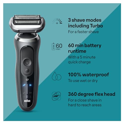 Braun Electric Razor for Men, Waterproof Foil Shaver, Series 7 7075cc, Wet & Dry Shave, With Beard Trimmer, Rechargeable, Clean & Charge SmartCare Center and Travel Case Included, Black"