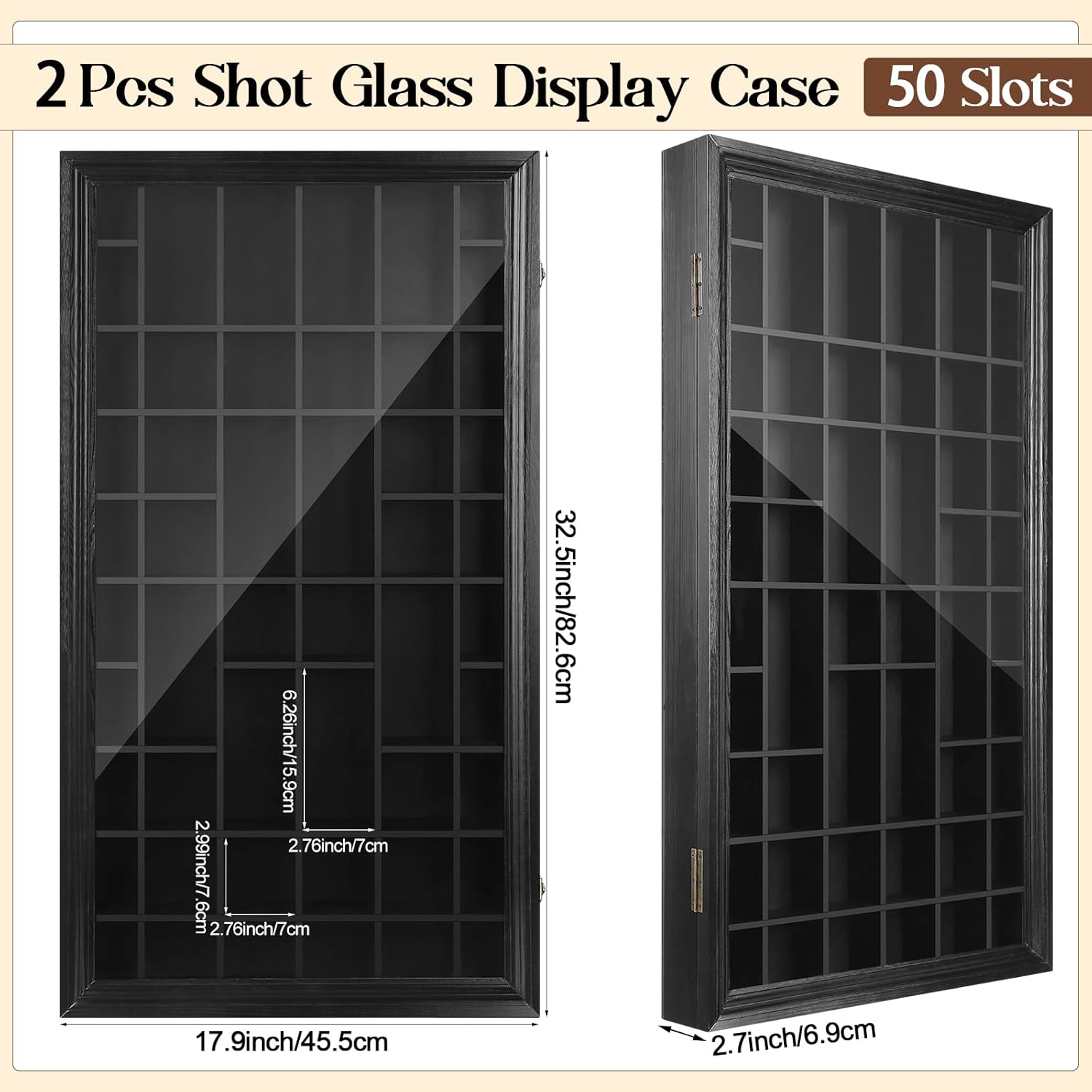 2 Pcs Shot Glass Display Case 50 Slots Wood Shot Glasses Holder 32.5 x 17.9'' Wall Mount Cabinet Rack Holder for Collectibles Glass Bar Cabinet with Lockable Acrylic Door