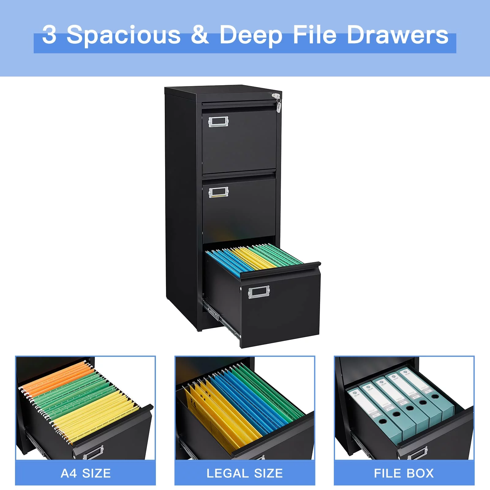 STANI 3 Drawer Black File Cabinet with Lock, Filing Cabinets for Home Office, Metal Locking Office File Storage Cabinets with Drawers, Vertical Small Filing Cabinet Organizer for Legal/A4