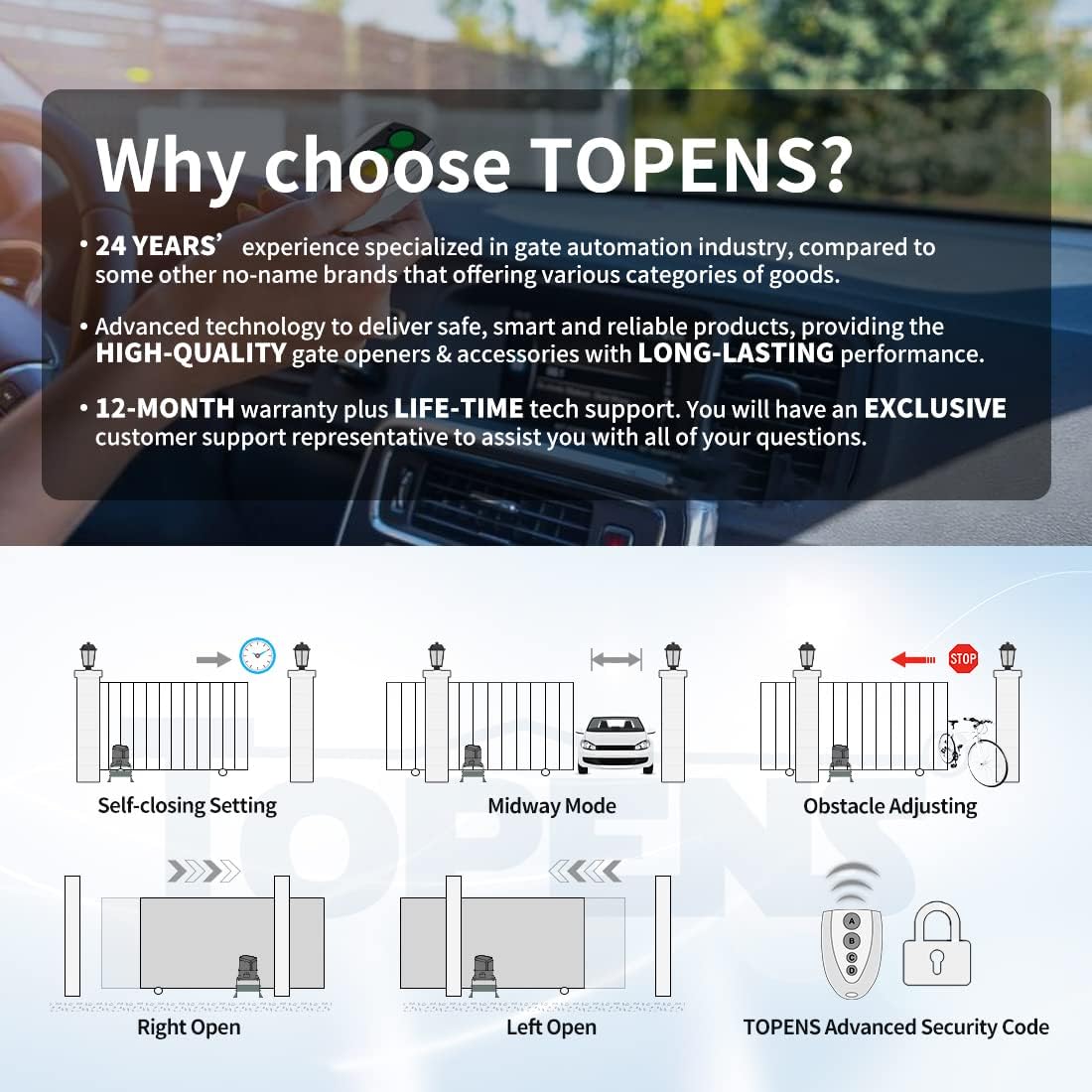 TOPENS CK1200 Automatic Sliding Gate Opener Chain Drive Electric Gate Motor for Heavy Driveway Slide Gate Up to 3400 Pounds, Security Gate Operator AC Powered with 20ft Roller Chain and Remote Control