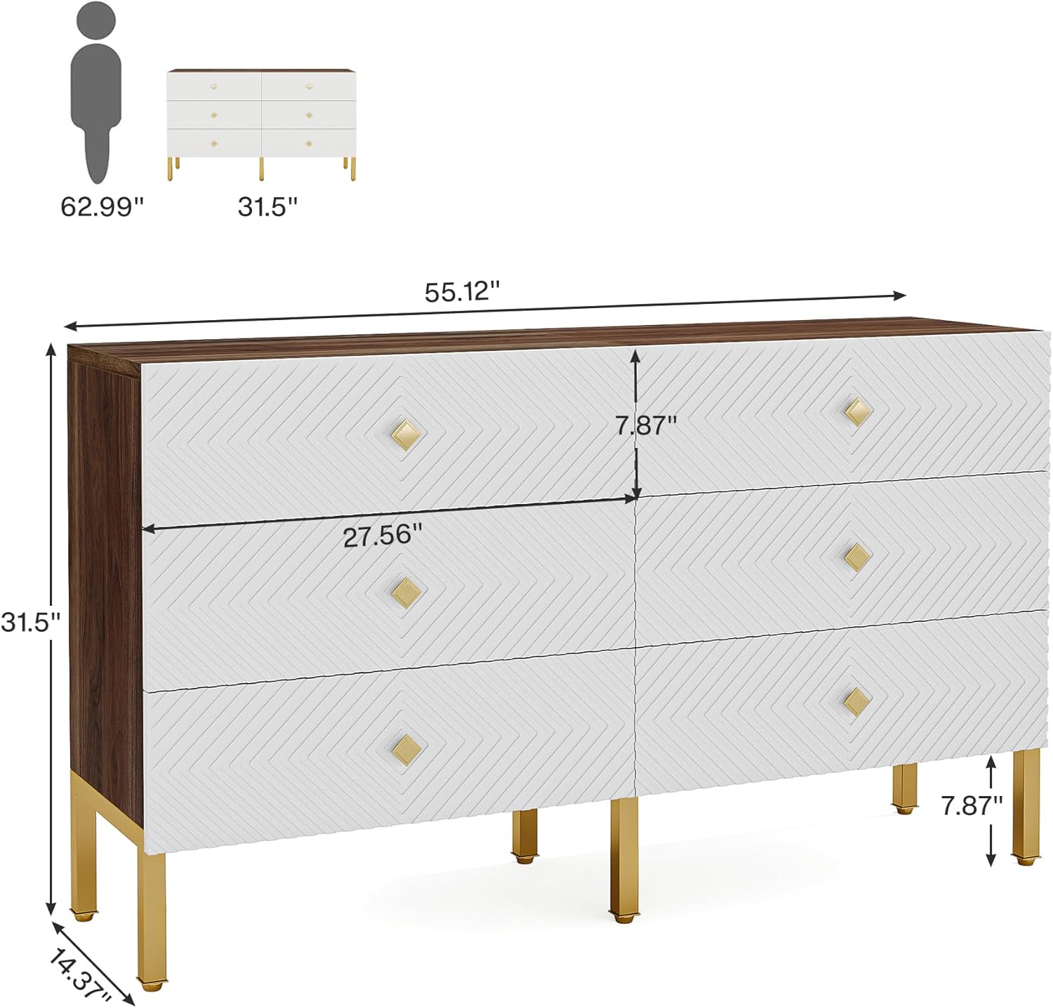 Tribesigns 6-Drawer Dresser for Bedroom, Large Double Wide Chest of Drawers, 55-Inch Wood Storage Dresser for Closet, Modern 6-Drawer Dresser Cabinet with Gold Legs and Handles, White & Brown