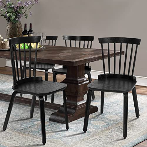 Farmhouse Dining Chairs Set of 4, Solid Wood Windsor Side Chair with Bentwood Legs Armless Black Spindle Back Kitchen Chairs for Dining Room Living Room, Black