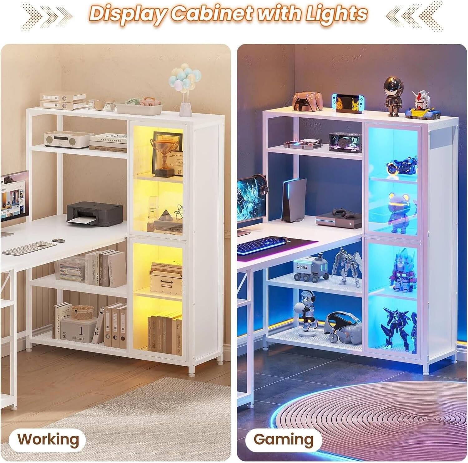 New White 59 Inches L Shape Computer Desk Shelves Storage Display LED Light Bookshelf Door Gamer Table Corner Gaming Cabinet File Shelf Outlets Power Home Office Modern 59”L x 31.5”W x 50.7”H of Set