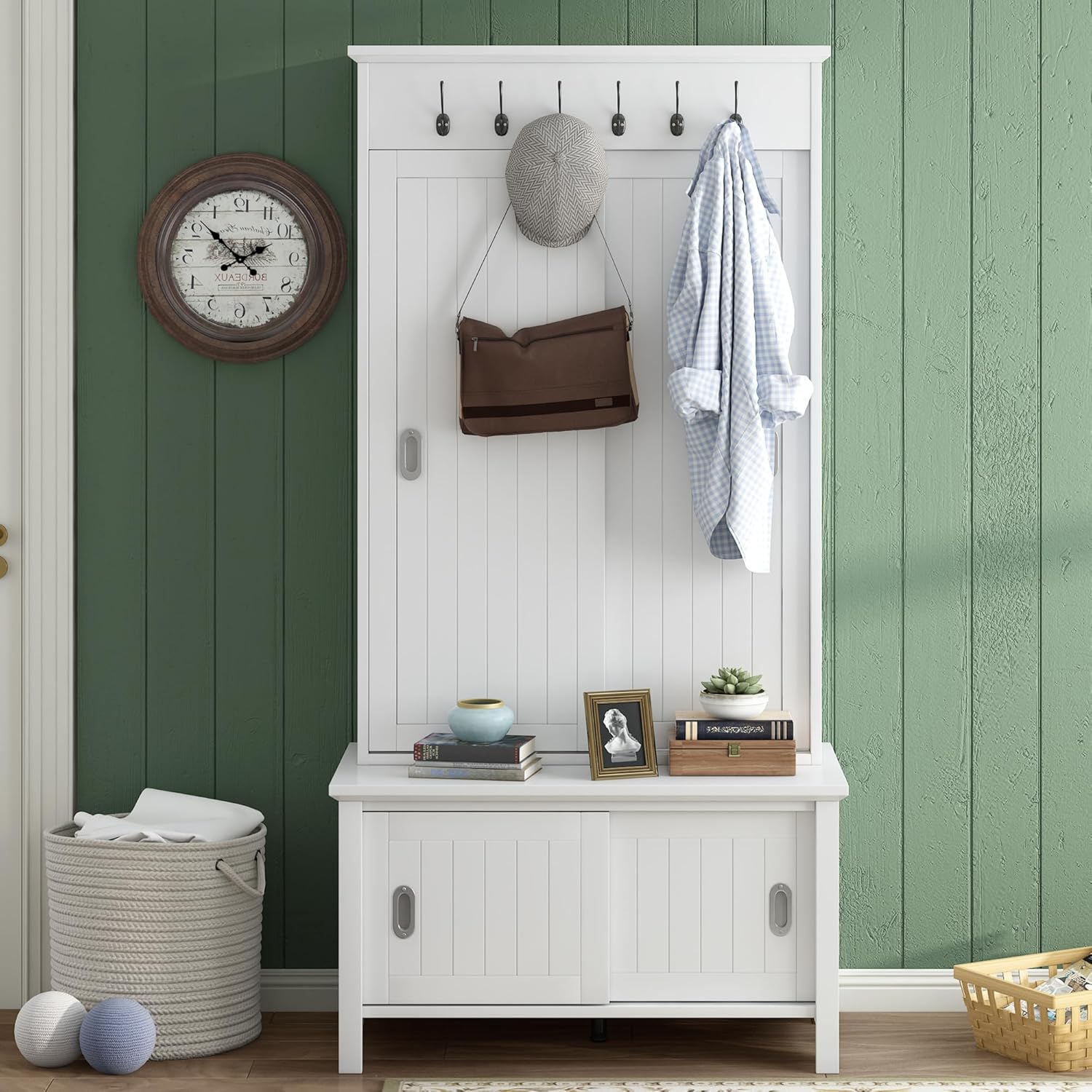 Modern Hall Tree with Bench and Shoe Storage Cabinet, Hallway Coat Rack with Sliding Doors & Adjustable Shelves for Entryway, Mudroom, Living Room, White