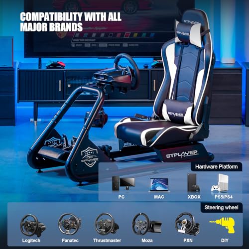 GTPLAYER Racing Simulator Cockpit with Seat and Bluetooth Speakers, Racing Style Reclining Seat and Ultra-Sturdy Alloy Steel Frame, A/B Box (Blue)