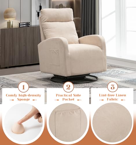 Swivel Rocking Chair Nursery, Modern Glider Chair with Side Pocket and High Backrest, Upholstered Nursery Glider Rocker, Comfy Nursing Chair Recliner for Living Room Bedroom, Reading Room, White Teddy