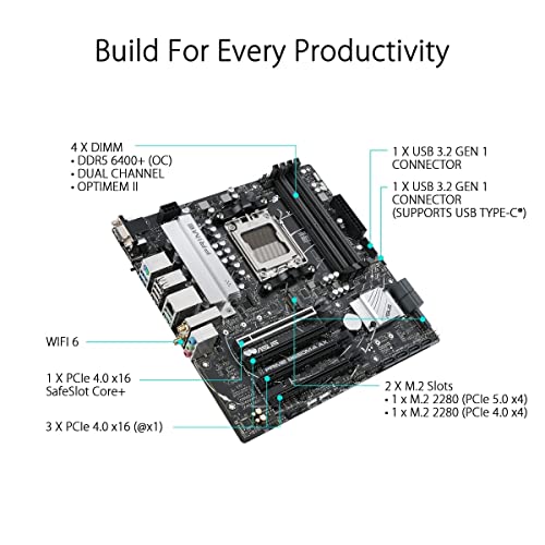 ASUS Prime B650M-A AX AMD B650(Ryzen 7000) Micro-ATX Motherboard(DDR5,PCIe 5.0 M.2,2.5Gb LAN,Wi-Fi 6, DP,USB 3.2 Gen 2 Ports,Front USB 3.2 Gen 1 Type-C®, BIOS Flashback™, CEC Tier II Ready) (Renewed)