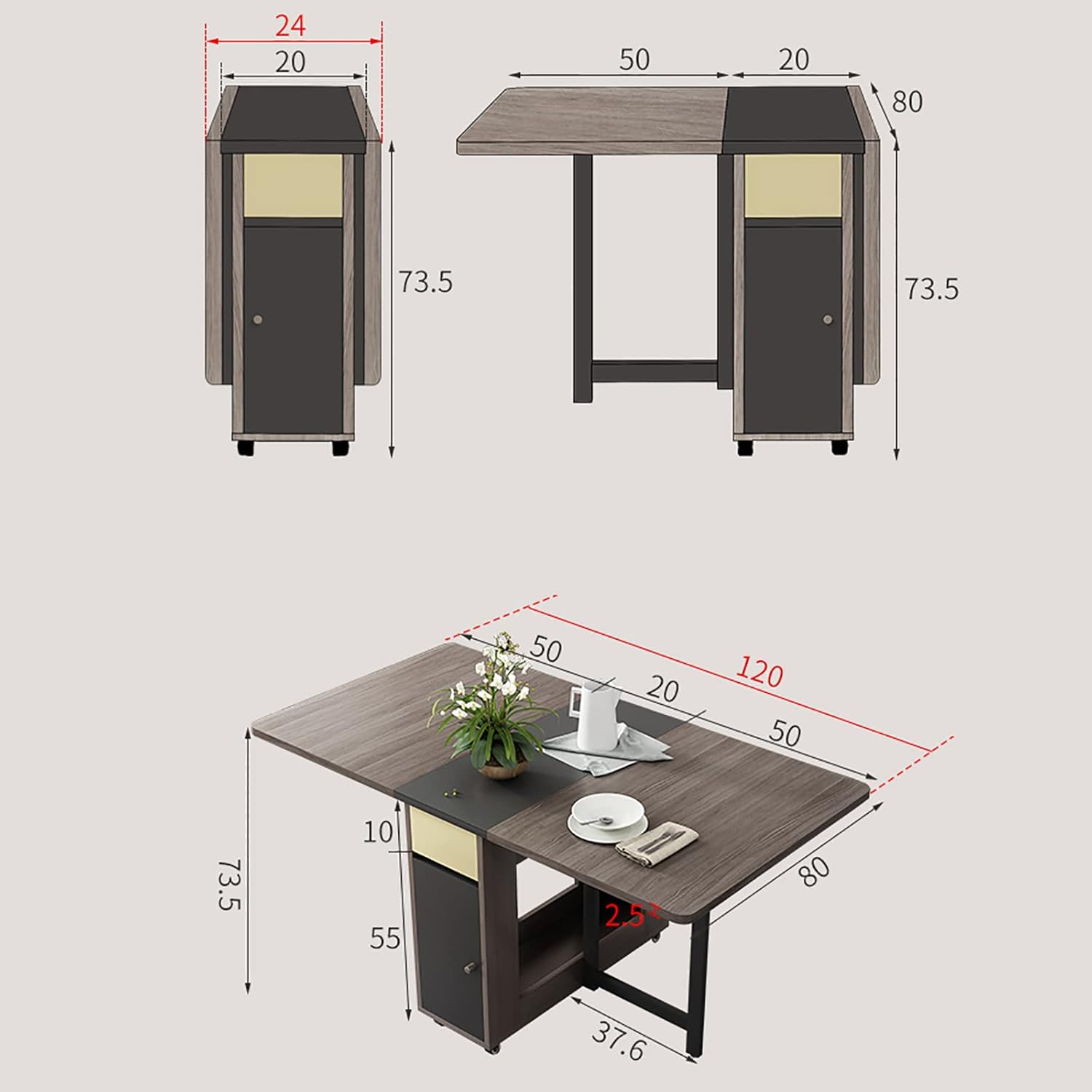 Folding Dining Table Set, Mobile Drop Leaf Dining Kitchen Table with 4 Chairs, Wood Simple Storage Table with 2 Wheels for Kitchen Dining Room Living Room Family Gathering.