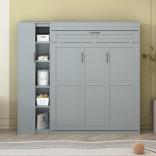 Harper & Bright Designs Queen Size Murphy Bed Wall Bed with Storage Shelves, Wardrobe and LED Lights, Space-Saving for Multipurpose Guest Room or Home Office, Gray