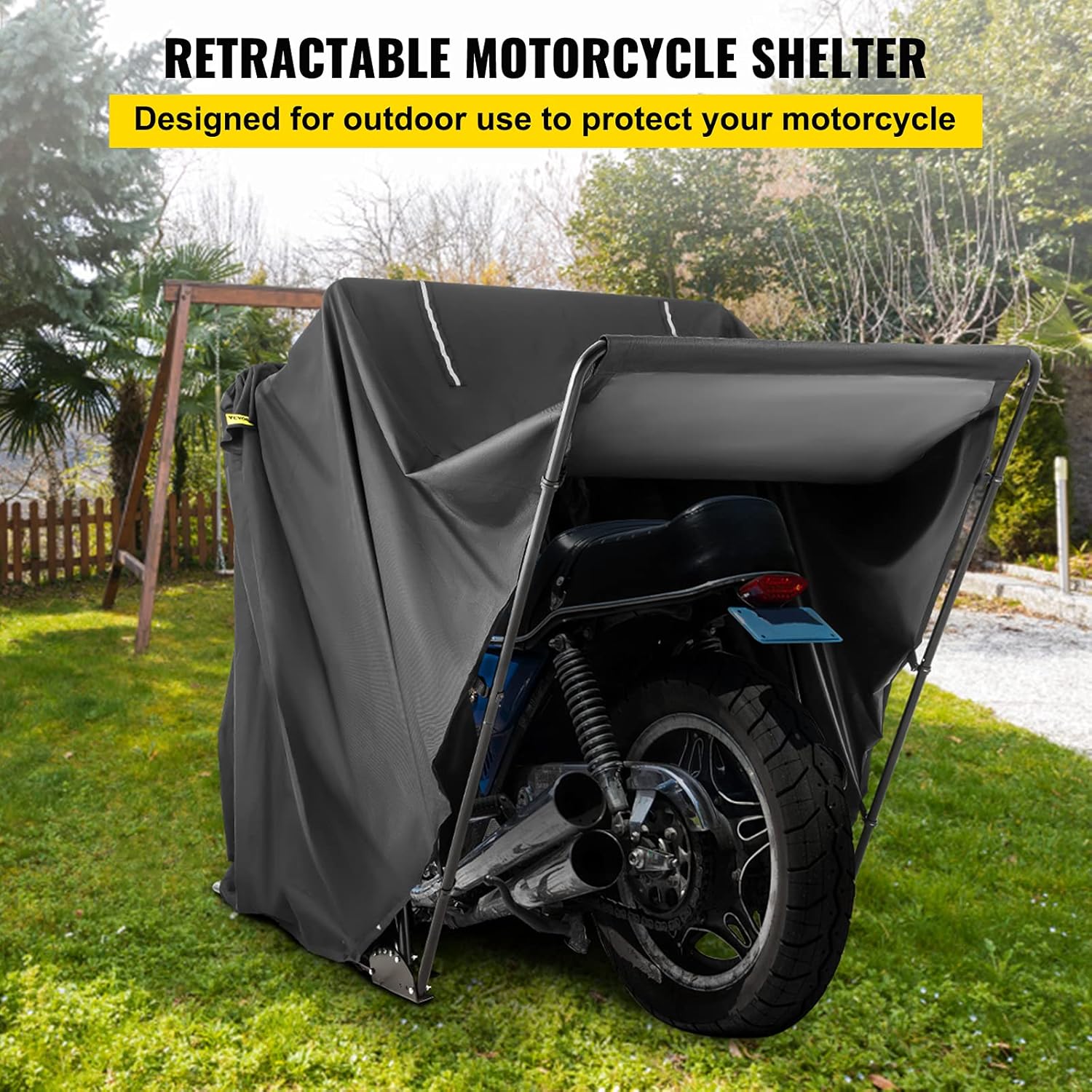 VEVOR Waterproof Motorcycle Cover,Motorcycle Shelter,Heavy Duty Motorcycle Shelter Shed, 600D Oxford Motorbike Shed Anti-UV, 106.3"x41.3"x61" Black Shelter Storage Garage Tent w/Lock & Weight Bag
