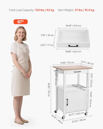 VEVOR Kitchen Island Cart with Solid Wood Top, 35.4" Width Mobile Carts with Storage Cabinet, Rolling Kitchen Table with Spice Rack, Towel Rack, and Drawer, Portable Islands on Wheels, White