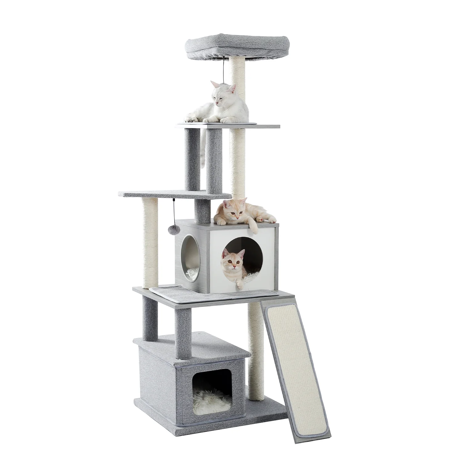 Modern Wood Cat Tree Cats Multi Floor Large Play Tower Sisal Scratching Post Kitten Furniture Activity Centre With Condo Playhouse Dangling Toy Grey