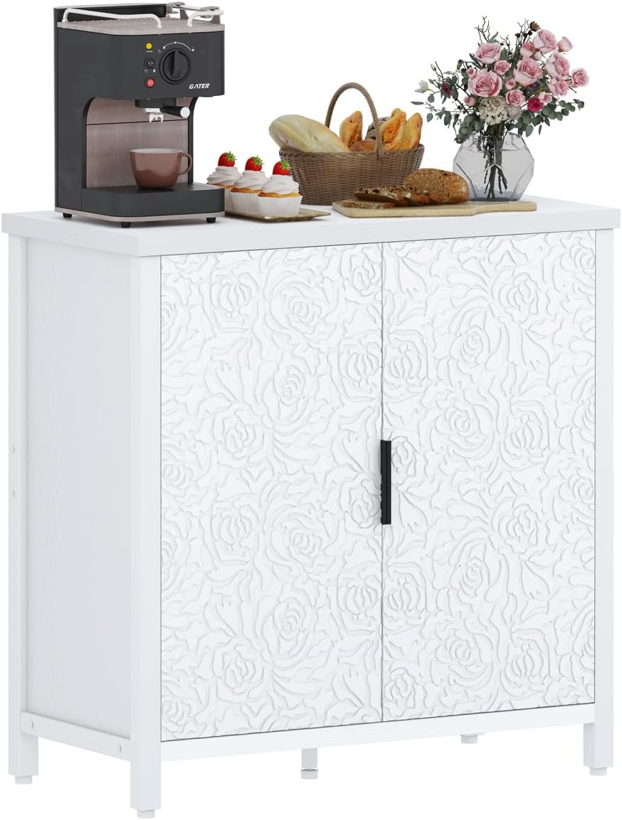 BON AUGURE Buffet Cabinet with Storage, Kitchen Sideboard Storage Cabinet with Doors and Shelves, Wood Credenza Coffee Bar Cabinet for Home, Modern Accent Cabinet for Entryway (White Floral)