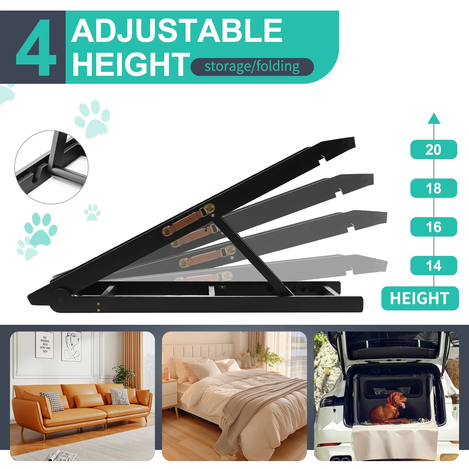 Slsy Dog Ramp with Upgrade Rubber Mat, 4 Level Adjustable 41.3" Folding Pet Ramp for Bed, Couch, SUV, for Small & Large Old Dogs & Cats, Supports up to 150 lbs