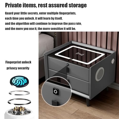 Nightstand with Wireless Charging Station, LED Night Stand with 2/3 Drawers for Bedroom Furniture, End Side Table with Fingerprint Lock and Speaker(White 2)