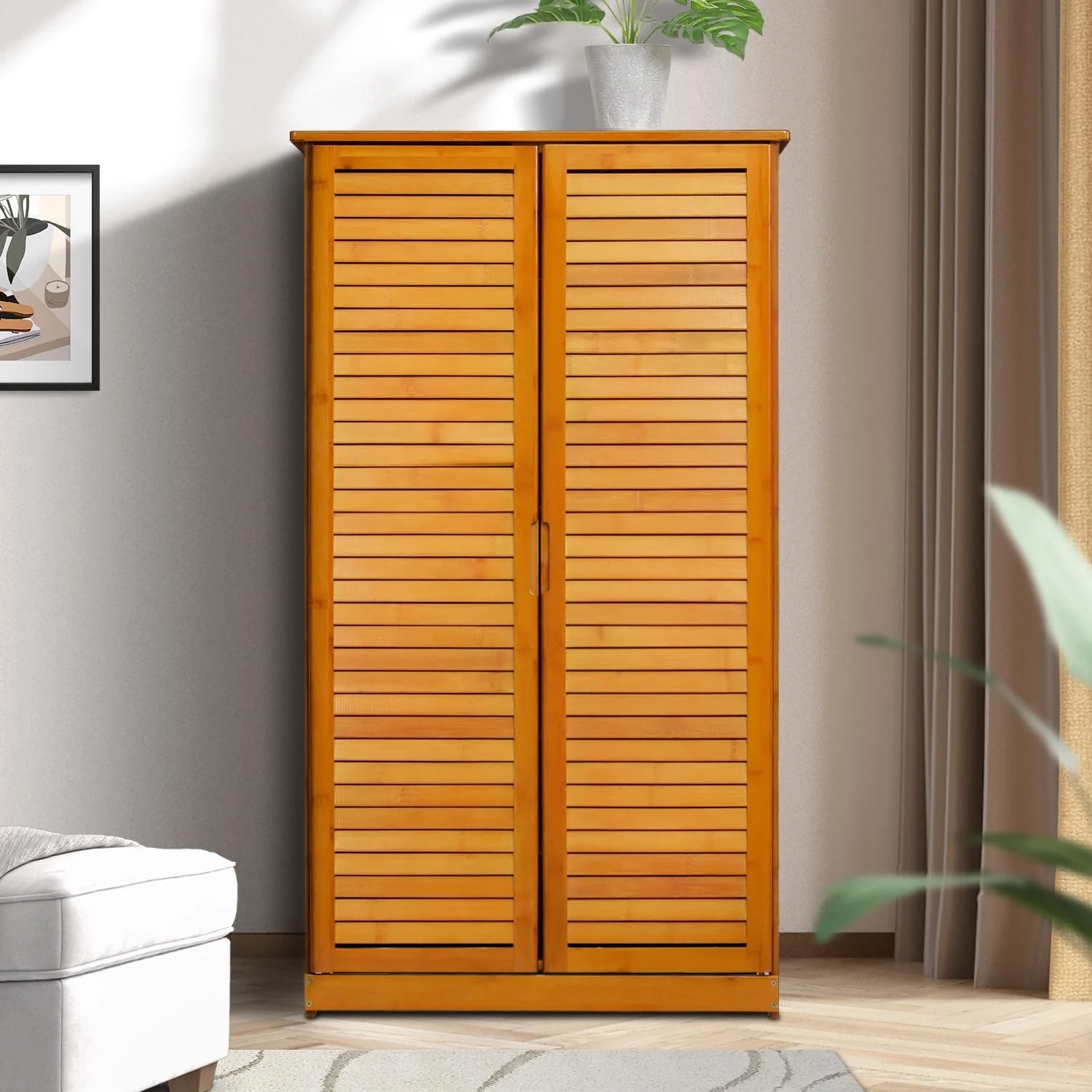 Tall Bamboo Shoe Storage Cabinet With Double Shutter Doors - Shelf Stand Organizer For Narrow Closet, Hallway, Living Room - Entryway standing Shoe Cabinet Organizer Storage Rack (Brown)
