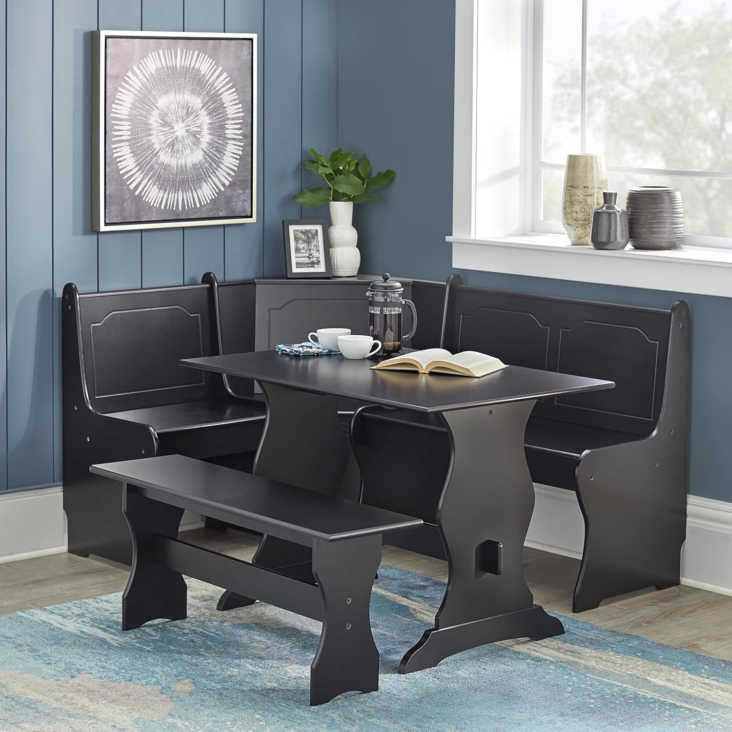 Traditional Style 3-Piece Nook Corner Dining Set with Hidden Storage Under The Seats, for Small Spaces, Includes 1 Table and Benches, Black