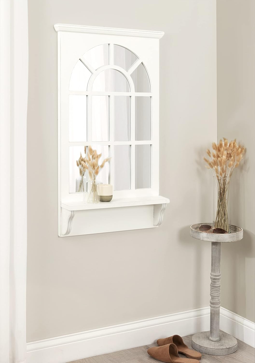 Kate and Laurel Wallhaus Traditional Arched Mirror with Shelf, 21 x 36, White, Coastal Decorative Wooden Window Mirror with Display Shelf for Use as Entryway Mirror Decor