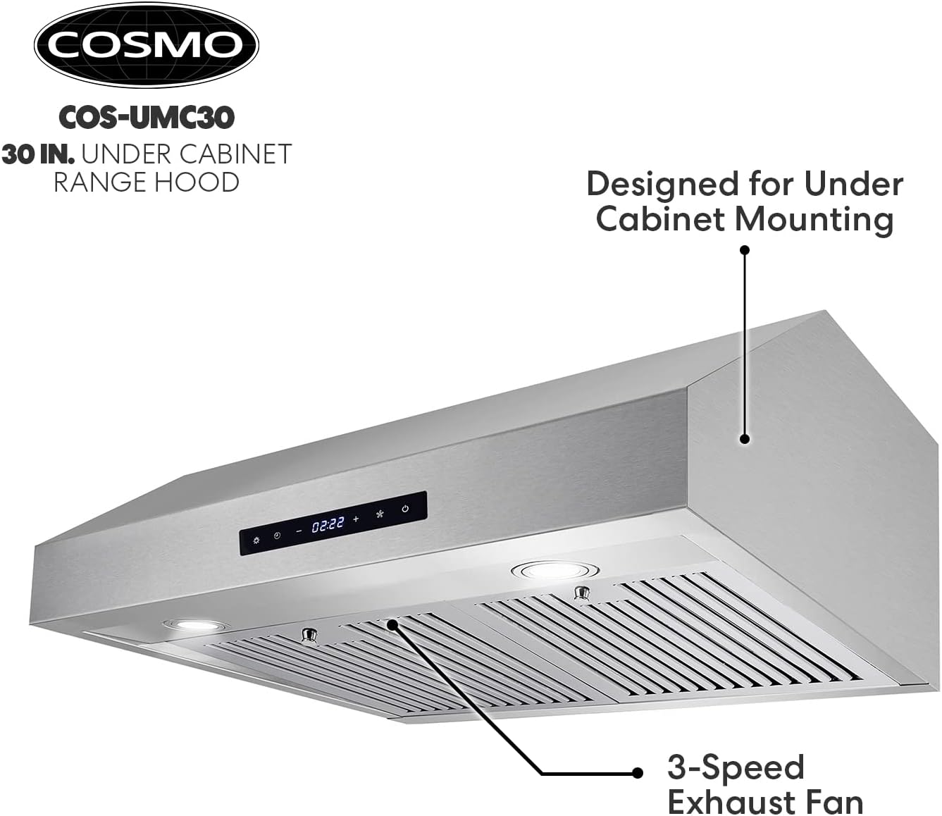 COSMO UMC30 30 in. Ducted Under Cabinet Stainless Steel Range Hood with LED Light, 380 CFM, Permanent Filter, 30 inch