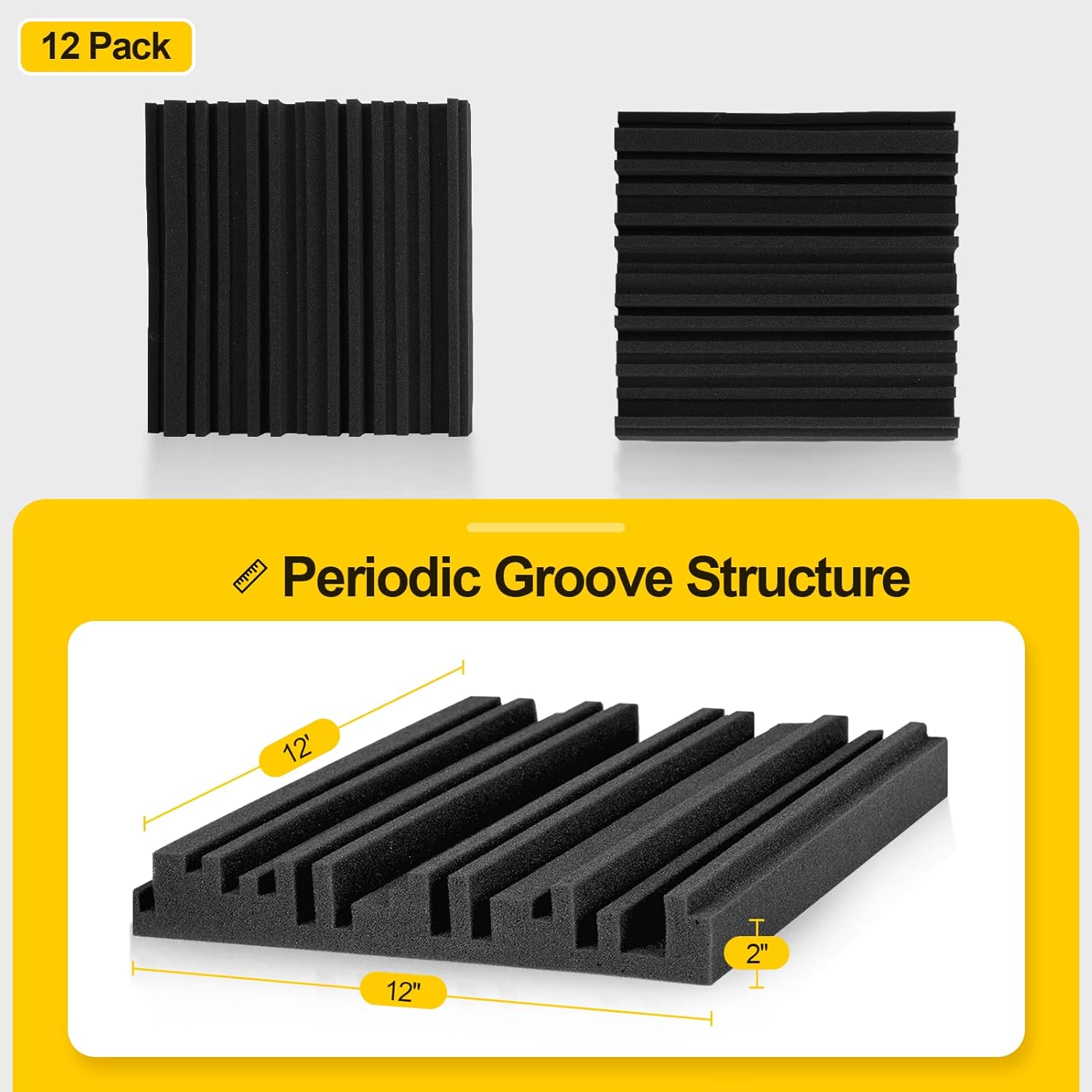 OUKMIC Acoustic Foam Panels, 12 Pack 2" X 12" X 12" Sound Proof Padding, Soundproof Panel, Soundproofing Pads, Noise Reducing Material for Studio Room Wall Door Window Basement Ceiling -Charcoal Black Pack of 2