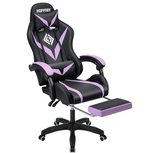 HOFFREE Gaming Chair Massage with Bluetooth Speakers and Led Lights Ergonomic Computer Gaming Chair with Footrest RGB Video Game Chair with High Back Lumbar Support Blue and Black