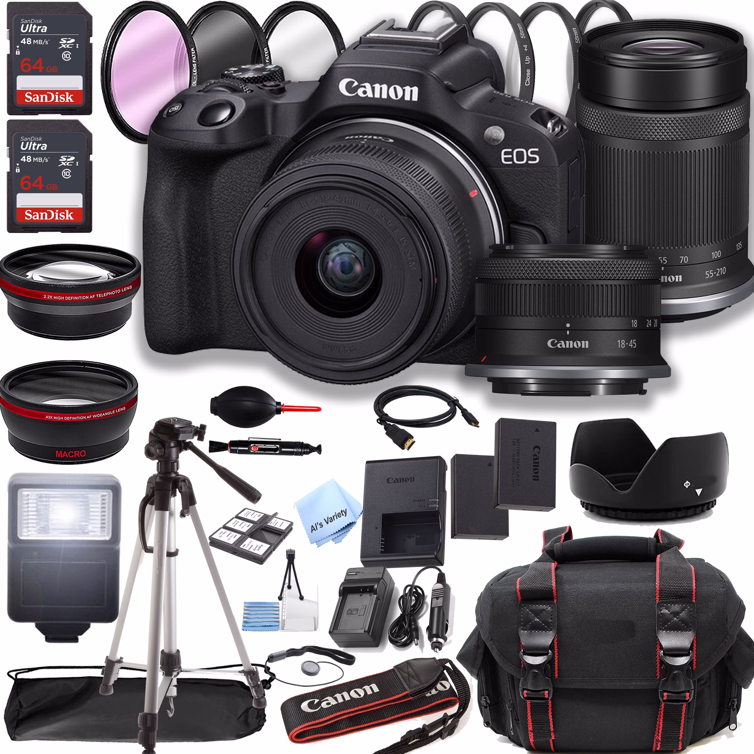 Canon EOS R50 Mirrorless Camera with 18-45mm and 55-210mm Lenses + 128GB Memory + Case + Tripod + Filters (40pc Bundle)