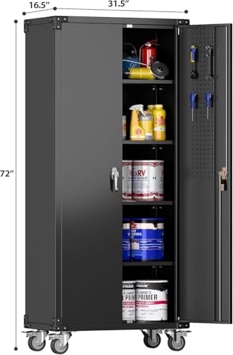 73" H Metal Storage Cabinet with Wheels, Garage Storage Cabinet with 4 Adjustable Shelves and Lockable Doors for Garage Home Office Utility Room,Required Assembly,Black