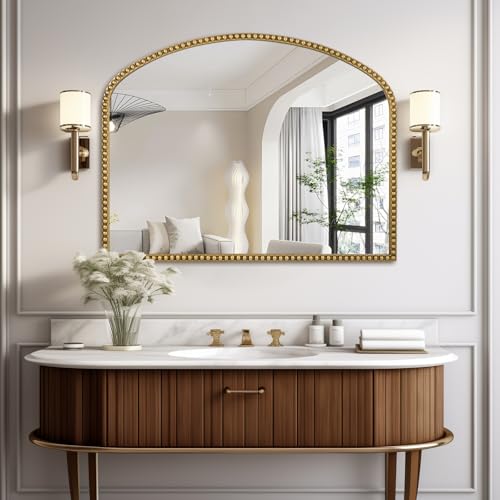 28"x36" Large Arch Wall Mirror, Decorative Beaded Frame Hanging Vanity Mirror for Dresser, Bathroom, Entryway, Bedroom, Mantel, Antique Gold