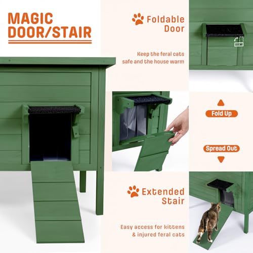 BRIOPAWS Outdoor-Cat-House-Insulated | Feral-Cat-Shelter for Winter | Weatherproof | Large Wooden Pet House for Multiple Cats | Foldable Ladder | Acrylic Side Window | Grey