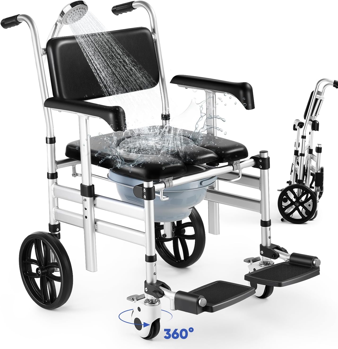 Shower Chair with Wheels, 3 in 1 Folding Bedside Commode Wheelchair with Padded Seat, Portable Toilet Chair for Senior and Disabled
