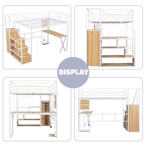 Full Size Loft Bed with Desk and Stairs,Metal Gaming Loft Bed Full with Wardrobe and Shelf, High Loft Bed with LED & USB Charging Station for Teens, Adults, Space Saving Design,Black