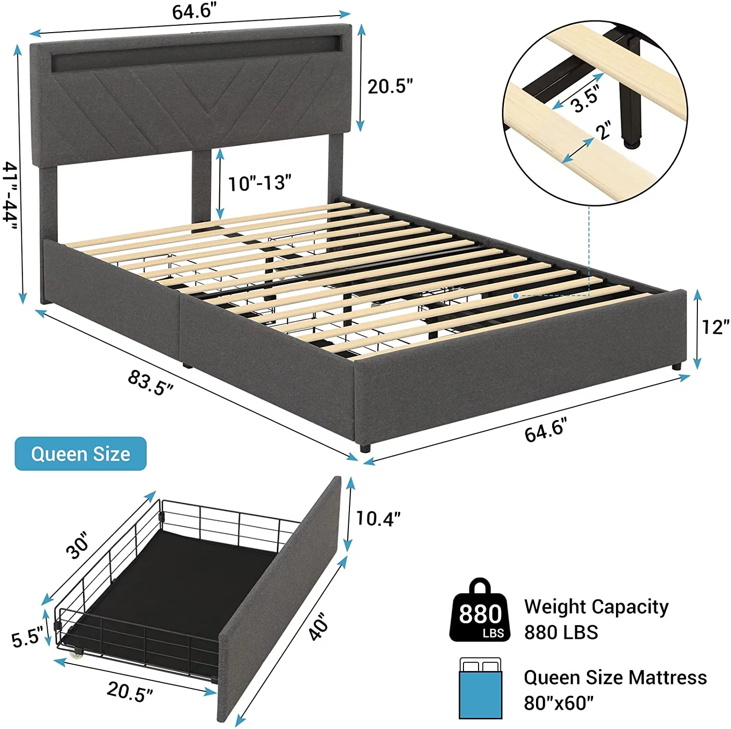 Queen Bed Frame with 4 Storage Drawers and 2 USB Charging Station, Upholstered Platform Bed Frame with LED Headboard,Dark Grey