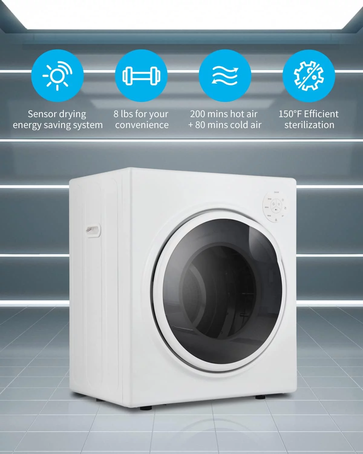 Muhub White Portable Dryer, 13lbs Portable Clothes Dryer with Stainless Steel Tub, 110V Power Compact Laundry Dryer, Control Panel Upside Easy Control for 4 Automatic Drying Mode