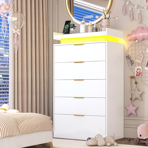 White Dresser with LED Lights, Wooden LED Dresser, 4 Drawer Chest with Charging Station, Tall Chest of Drawer Closet Organizer for Bedroom, Living Room, Entryway, Hallway