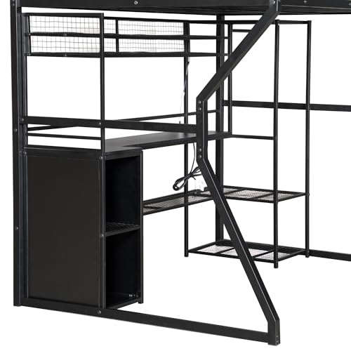 Bellemave Full Size Loft Bed with L-Shaped Desk, Full Metal Loft Bed with 6 Storage Shelves, LED Light, Charging Station, Loft Beds with Open Wardrobe, No Box Spring Needed Black