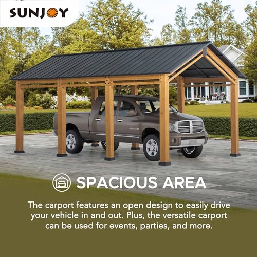 Sunjoy Carport 11 ft. x 20 ft. Standard Wood Gazebo Heavy Duty Garage, Cedar Framed Gazebo Car Shelter with Metal Roof and Movable Ceiling Hook