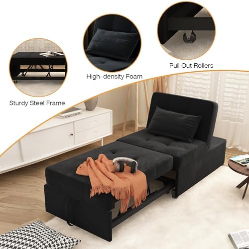 NLIBOOMLife Convertible Chair Bed Sleeper  Pu Leather 4 in 1 Single Sofa  Ottoman  Pull Out Small Bed Recliner for Home Living Room (Leather Brown)