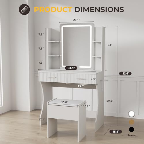 Vanity Desk with LED Lighted Mirror, Makeup Vanity with 3 Adjustable Lights, 2 Large Drawers and 4 Open Shelves, White Vanity with Storage Stool for Bedroom