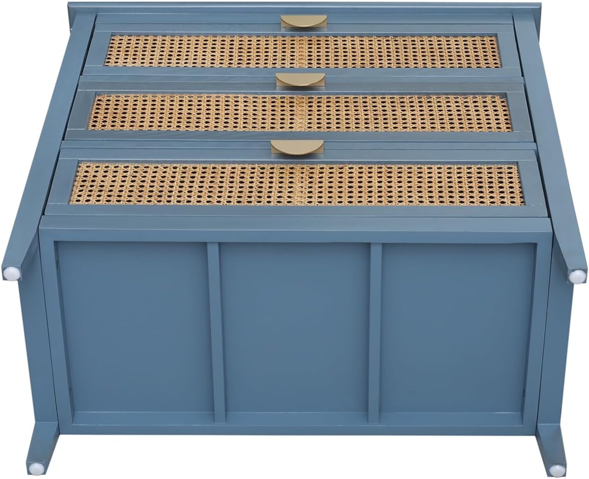 3 Drawer Cabinet Storage Cabinet Coffee Bar Cabinet Accent Cabinet Sideboard Kitchen Cabinet,Natural Rattan,American Furniture,Suitable for Bedroom, Living Room, Study (blue)