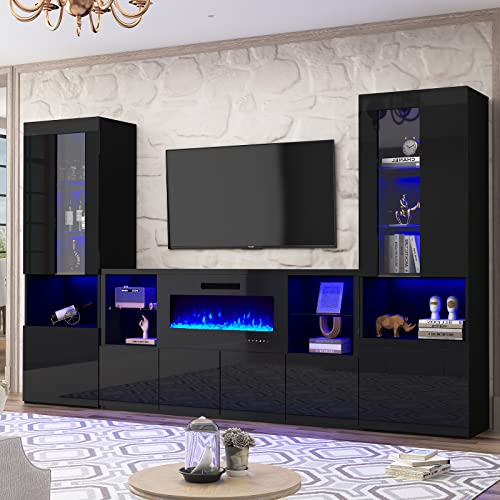 AMERLIFE Modern High Gloss 68" Fireplace TV Stand, Fireplace Entertainment Center with Fireplace & LED Lights for TVs up to 78", TV Console Cabinet with Adjustable Glass Shelves for Living Room, White