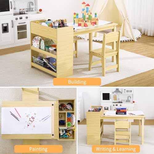 Kids Art Table with 2 Chairs, Toddler Craft Play Wood Activity Desk with Large Storage Shelves for Writing Drawing,Nursery, Children's Wooden Furniture for Classroom Daycares,Home