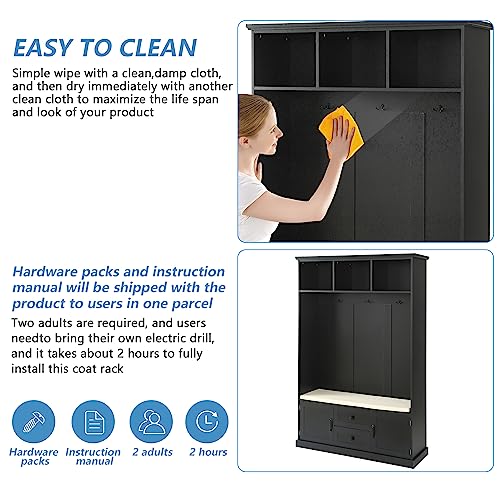 70.9 Inch Black Hall Tree, 3 in 1 Farmhouse Mudroom Bench with Storage and 4 Hooks, Wood Entryway Coat Rack Shoe Bench, Soft Cushion and Storage Drawers for Living Room, Bedroom, Hallway