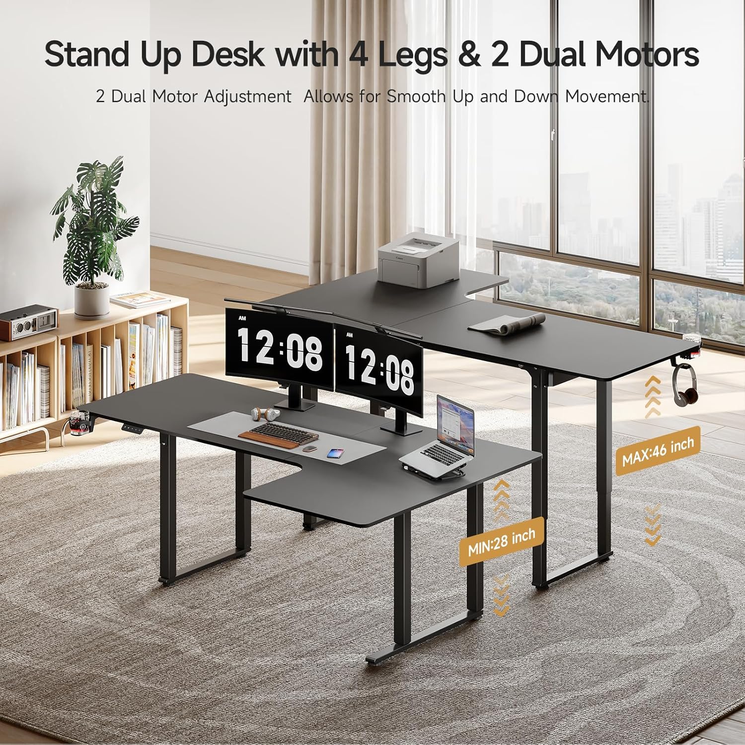 Standing Desk, 63x43 Inches L Shaped Desk with 4 Legs, Dual Motor and Memory Controller, Electric Stand Up Desk Adjustable Height from 28-46 Inches for Computer Workstation Black