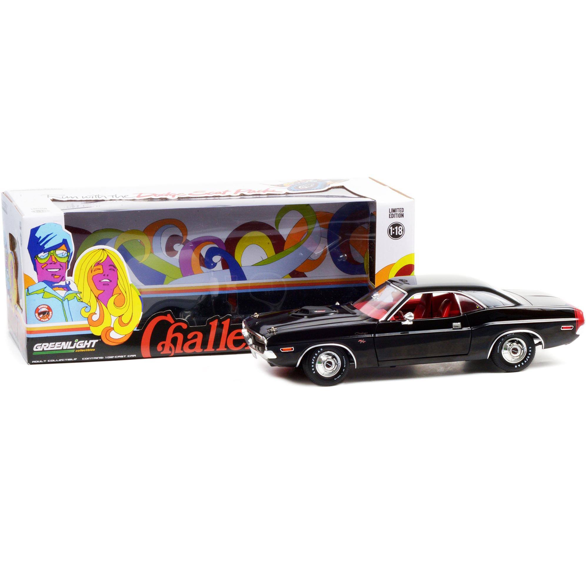 1970 Dodge Challenger R/T 440 Six Pack Black with Red Interior and Deluxe Wheel Covers 1/18 Diecast Model Car by Greenlight