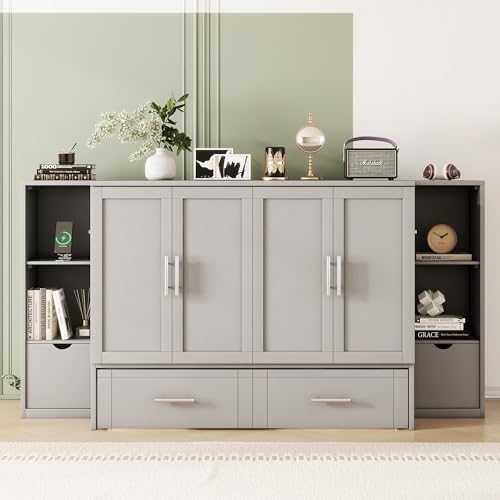 Modern Full Size Murphy Bed with Bookcase on Each Side, Solid Wood Mobile Murphy Chest Platform Bed with Drawers and USB Ports for Guest Room Home Office (White-F0)
